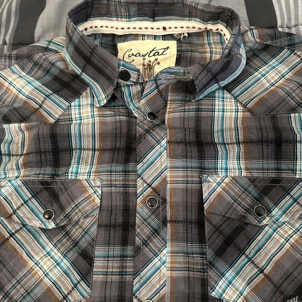 Coastal Shirt Mens Small Blue Gray Plaid Western Pearl Snap Long Sleeve Cotton - Picture 2 of 5
